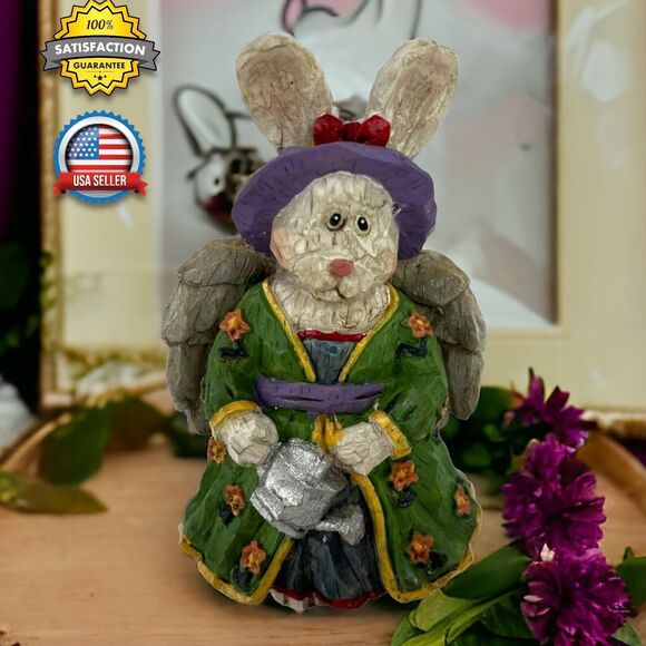 Vintage Rustic Angel Rabbit Figurine Primitive Folk Art Spring Easter Decor 5" - Picture 1 of 12
